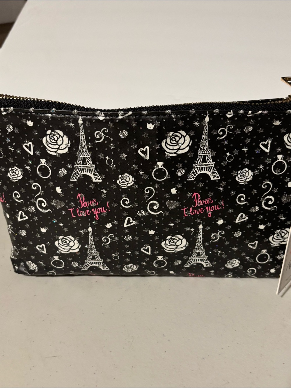 Paris Print Black Cosmetic Zip Pouch - blush crush. New